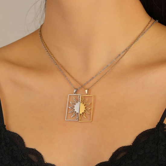 Picture of Wholesale Sun & Moon Pendant Charm Necklace, 304 Stainless Steel Link Cable Chain, Couple's Eco-friendly Galaxy Dainty Gift Jewelry For Retailer 40cm(15.7") + 6cm(2.4") long, 1 Piece