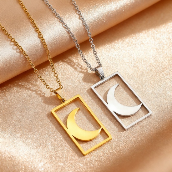 Picture of Wholesale Sun & Moon Pendant Charm Necklace, 304 Stainless Steel Link Cable Chain, Couple's Eco-friendly Galaxy Dainty Gift Jewelry For Retailer 40cm(15.7") + 6cm(2.4") long, 1 Piece