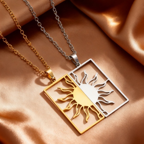 Picture of Wholesale Sun & Moon Pendant Charm Necklace, 304 Stainless Steel Link Cable Chain, Couple's Eco-friendly Galaxy Dainty Gift Jewelry For Retailer 40cm(15.7") + 6cm(2.4") long, 1 Piece