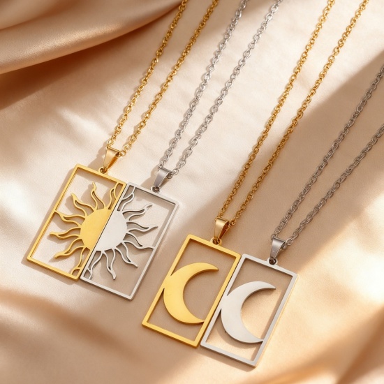 Picture of Wholesale Sun & Moon Pendant Charm Necklace, 304 Stainless Steel Link Cable Chain, Couple's Eco-friendly Galaxy Dainty Gift Jewelry For Retailer 40cm(15.7") + 6cm(2.4") long, 1 Piece