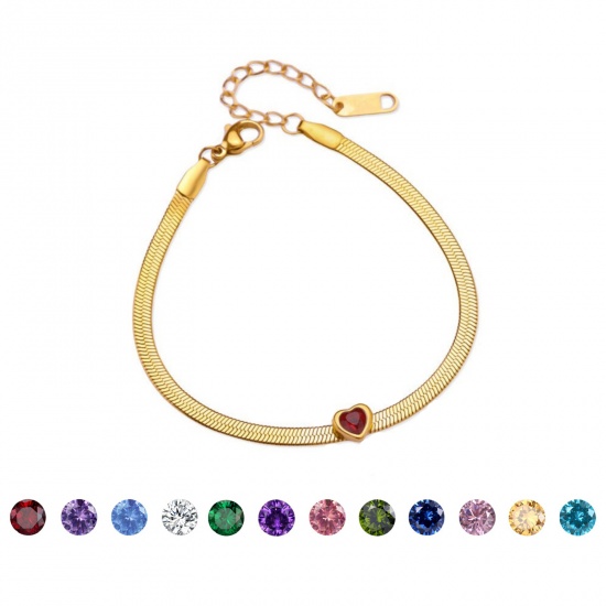 Picture of Wholesale Flat Snake Chain Bracelets, 18K Gold Plated 304 Stainless Steel & Rhinestone, Women's Eco-friendly PVD Vacuum Plating Birthstone Stylish Gift Jewelry Supply