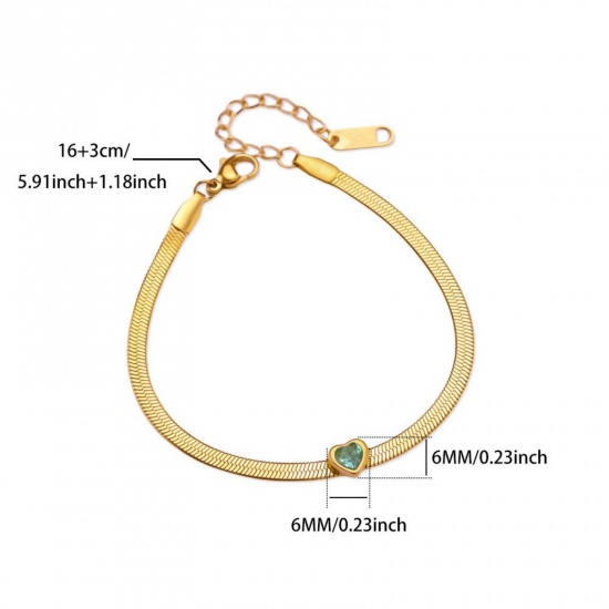Picture of Wholesale Flat Snake Chain Bracelets, 18K Gold Plated 304 Stainless Steel & Rhinestone, Women's Eco-friendly PVD Vacuum Plating Birthstone Stylish Gift Jewelry Supply