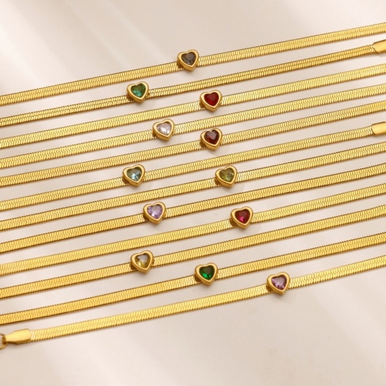 Picture of Wholesale Flat Snake Chain Bracelets, 18K Gold Plated 304 Stainless Steel & Rhinestone, Women's Eco-friendly PVD Vacuum Plating Birthstone Stylish Gift Jewelry Supply