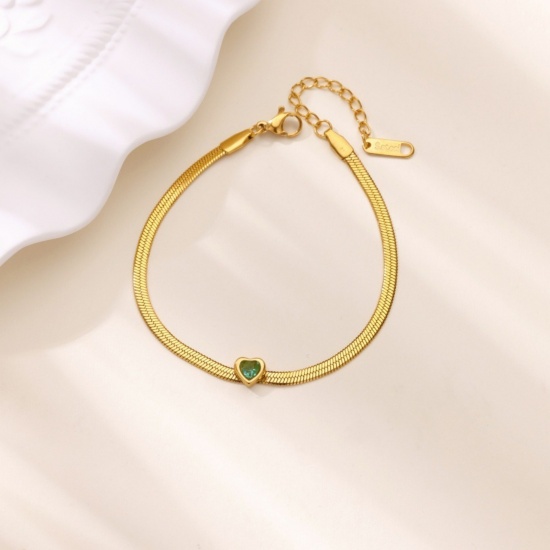 Picture of Wholesale Flat Snake Chain Bracelets, 18K Gold Plated 304 Stainless Steel & Rhinestone, Women's Eco-friendly PVD Vacuum Plating Birthstone Stylish Gift Jewelry Supply