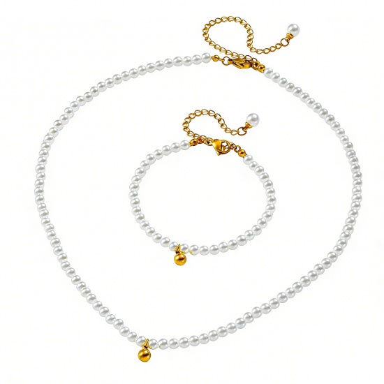 Picture of Wholesale White Imitation Pearl Necklace & Bracelet, Gold Plated 304 Stainless Steel & Acrylic, Women's Eco-friendly PVD Vacuum Plating Stylish Dainty Gift Jewelry For Retailer