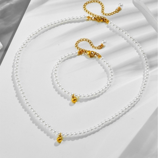 Picture of Wholesale White Imitation Pearl Necklace & Bracelet, Gold Plated 304 Stainless Steel & Acrylic, Women's Eco-friendly PVD Vacuum Plating Stylish Dainty Gift Jewelry For Retailer