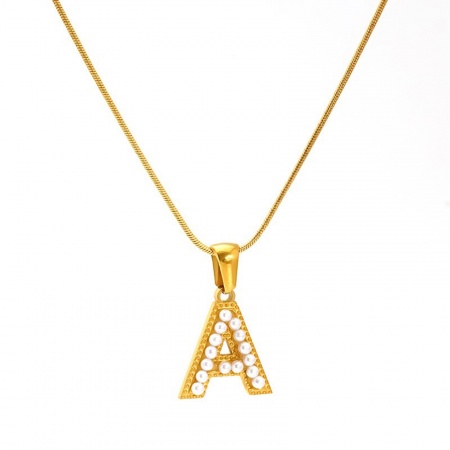 Picture of Wholesale Capital Alphabet Initial Letter Message " A-Z " White Imitation Pearl Pendant Charm Necklace, 18K Gold Plated 304 Stainless Steel Snake Chain, Women's Eco-friendly PVD Vacuum Plating Exquisite Stylish Gift Jewelry For Retailer 45cm(17.7") + 5cm(2") long