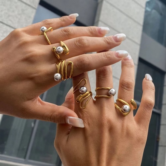Picture of Wholesale Women's Gift Ball Open Rings, Silver Tone & 18K Gold Plated 304 Stainless Steel, Stylish Dainty Jewelry Supply 18mm(US Size 7.75)