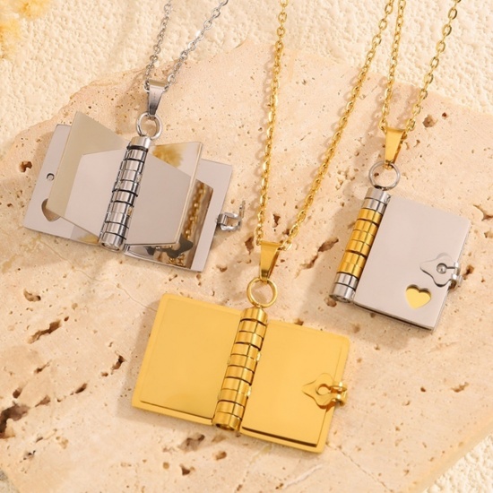Picture of Wholesale Unique Openable Flip Page Book Customize Engraving Supported Pendant Charm Necklace, 304 Stainless Steel Link Cable Chain, Unisex Eco-friendly Creative Stylish Valentine's Day Jewelry For Retailer, 40cm(15.7") + 5cm(2") long, 1 Piece