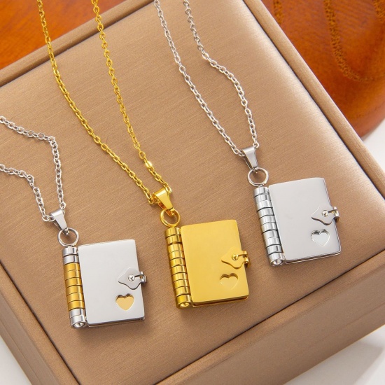 Picture of Wholesale Unique Openable Flip Page Book Customize Engraving Supported Pendant Charm Necklace, 304 Stainless Steel Link Cable Chain, Unisex Eco-friendly Creative Stylish Valentine's Day Jewelry For Retailer, 40cm(15.7") + 5cm(2") long, 1 Piece