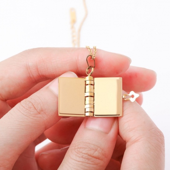 Picture of Wholesale Unique Openable Flip Page Book Customize Engraving Supported Pendant Charm Necklace, 304 Stainless Steel Link Cable Chain, Unisex Eco-friendly Creative Stylish Valentine's Day Jewelry For Retailer, 40cm(15.7") + 5cm(2") long, 1 Piece