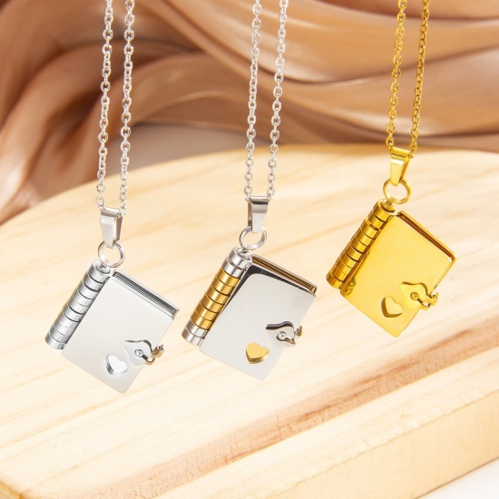 Picture of Wholesale Unique Openable Flip Page Book Customize Engraving Supported Pendant Charm Necklace, 304 Stainless Steel Link Cable Chain, Unisex Eco-friendly Creative Stylish Valentine's Day Jewelry For Retailer, 40cm(15.7") + 5cm(2") long, 1 Piece