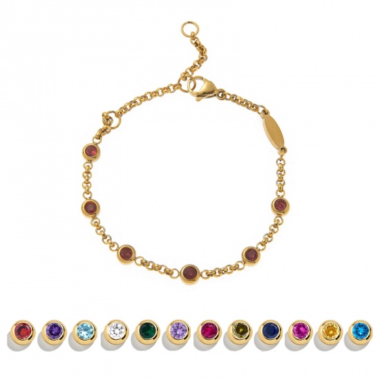Picture of Wholesale Birthstone 304 Stainless Steel Rolo Chain Station Bracelet, 18K Gold Plated Eco-friendly PVD, Women's Simple Stylish Gift Jewelry Supply, 19cm(7.5") long