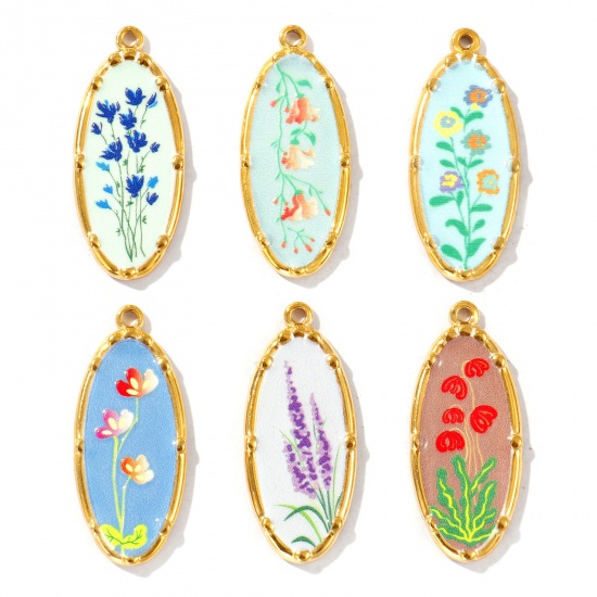 Immagine di 2 Pz Placcatura Sottovuoto PVD Ecologica Impermeabile Anti-Ossidante Ipoallergenico 304 Acciaio Inossidabile Ciondoli Pendenti 18K Vero Oro Placcato Multicolore Ovale Fiore Stampato 3.4cm x 1.4cm