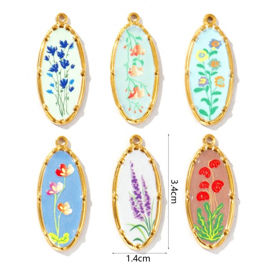 Immagine di 2 Pz Placcatura Sottovuoto PVD Ecologica Impermeabile Anti-Ossidante Ipoallergenico 304 Acciaio Inossidabile Ciondoli Pendenti 18K Vero Oro Placcato Multicolore Ovale Fiore Stampato 3.4cm x 1.4cm