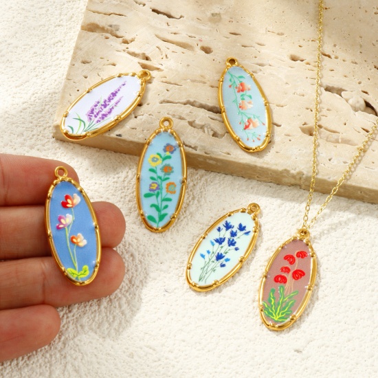 Immagine di 2 Pz Placcatura Sottovuoto PVD Ecologica Impermeabile Anti-Ossidante Ipoallergenico 304 Acciaio Inossidabile Ciondoli Pendenti 18K Vero Oro Placcato Multicolore Ovale Fiore Stampato 3.4cm x 1.4cm