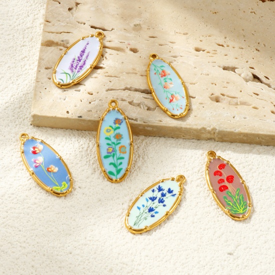 Immagine di 2 Pz Placcatura Sottovuoto PVD Ecologica Impermeabile Anti-Ossidante Ipoallergenico 304 Acciaio Inossidabile Ciondoli Pendenti 18K Vero Oro Placcato Multicolore Ovale Fiore Stampato 3.4cm x 1.4cm