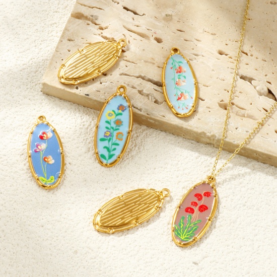 Immagine di 2 Pz Placcatura Sottovuoto PVD Ecologica Impermeabile Anti-Ossidante Ipoallergenico 304 Acciaio Inossidabile Ciondoli Pendenti 18K Vero Oro Placcato Multicolore Ovale Fiore Stampato 3.4cm x 1.4cm