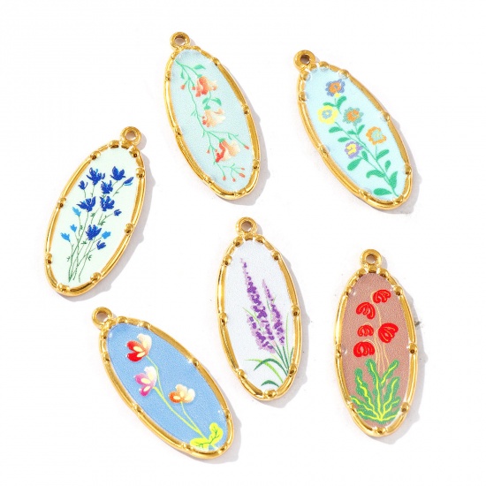Immagine di 2 Pz Placcatura Sottovuoto PVD Ecologica Impermeabile Anti-Ossidante Ipoallergenico 304 Acciaio Inossidabile Ciondoli Pendenti 18K Vero Oro Placcato Multicolore Ovale Fiore Stampato 3.4cm x 1.4cm