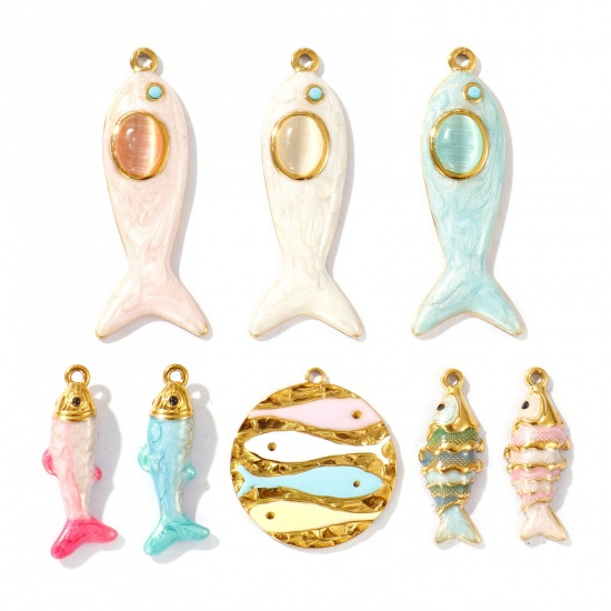 Picture of Eco-friendly PVD Vacuum Plating Waterproof Anti-Tarnish Hypoallergenic 304 Stainless Steel Ocean Jewelry Charms 18K Real Gold Plated Enamel Fish Animal