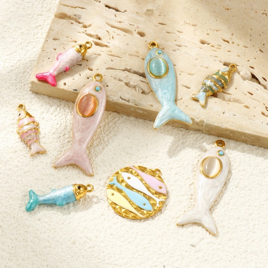 Picture of Eco-friendly PVD Vacuum Plating Waterproof Anti-Tarnish Hypoallergenic 304 Stainless Steel Ocean Jewelry Charms 18K Real Gold Plated Enamel Fish Animal