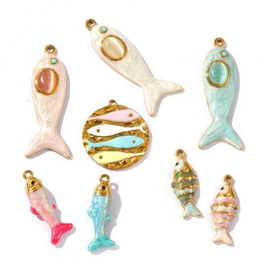 Picture of Eco-friendly PVD Vacuum Plating Waterproof Anti-Tarnish Hypoallergenic 304 Stainless Steel Ocean Jewelry Charms 18K Real Gold Plated Enamel Fish Animal