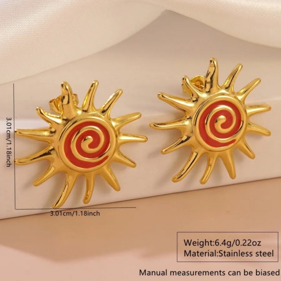 Picture of Wholesale Galaxy Retro Ear Post Stud Earrings, Sun Enamel 18K Gold Plated 304 Stainless Steel, Women's Eco-friendly PVD Vacuum Plating Gift Jewelry Supply 3cm Dia., 1 Pair