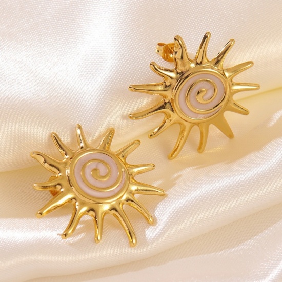 Picture of Wholesale Galaxy Retro Ear Post Stud Earrings, Sun Enamel 18K Gold Plated 304 Stainless Steel, Women's Eco-friendly PVD Vacuum Plating Gift Jewelry Supply 3cm Dia., 1 Pair