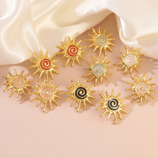 Picture of Wholesale Galaxy Retro Ear Post Stud Earrings, Sun Enamel 18K Gold Plated 304 Stainless Steel, Women's Eco-friendly PVD Vacuum Plating Gift Jewelry Supply 3cm Dia., 1 Pair