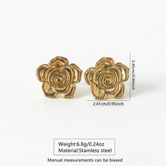 Picture of Wholesale Flora Collection Retro Ear Post Stud Earrings, Flower 18K Gold Plated 304 Stainless Steel, Women's Eco-friendly PVD Vacuum Plating Gift Jewelry Supply 24.5mm x 24mm, 1 Pair