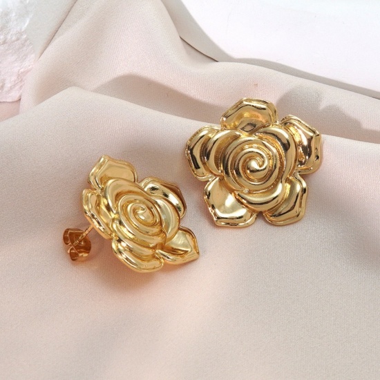 Picture of Wholesale Flora Collection Retro Ear Post Stud Earrings, Flower 18K Gold Plated 304 Stainless Steel, Women's Eco-friendly PVD Vacuum Plating Gift Jewelry Supply 24.5mm x 24mm, 1 Pair