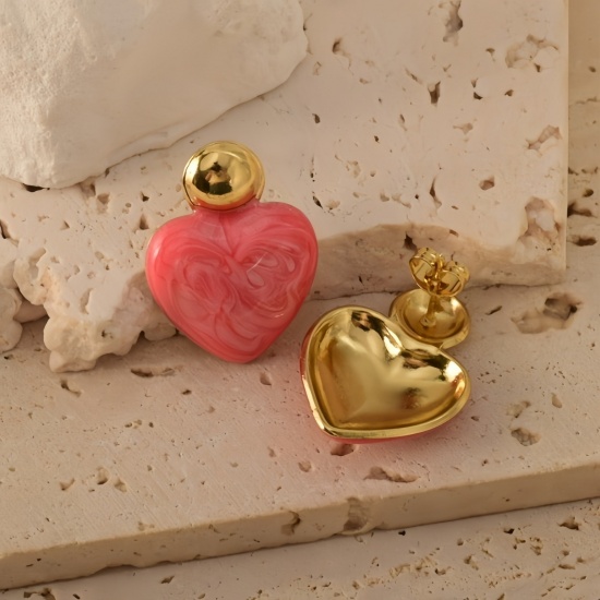 Picture of Wholesale Valentine's Day Retro Ear Post Stud Earrings, Heart 18K Gold Plated 304 Stainless Steel, Women's Eco-friendly Gift Jewelry Supply 26mm x 19mm, 1 Pair