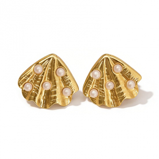 Picture of Wholesale Stylish Retro Ear Post Stud Earrings, Imitation Pearl 18K Gold Plated 304 Stainless Steel, Women's Eco-friendly Gift Jewelry Supply 1 Pair