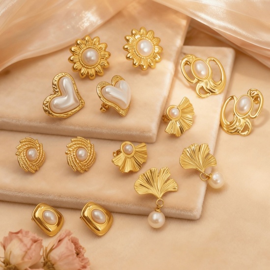 Picture of Wholesale Stylish Retro Ear Post Stud Earrings, Imitation Pearl 18K Gold Plated 304 Stainless Steel, Women's Eco-friendly Gift Jewelry Supply 1 Pair