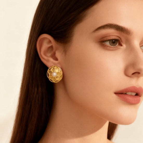 Picture of Wholesale Stylish Retro Ear Post Stud Earrings, Imitation Pearl 18K Gold Plated 304 Stainless Steel, Women's Eco-friendly Gift Jewelry Supply 1 Pair