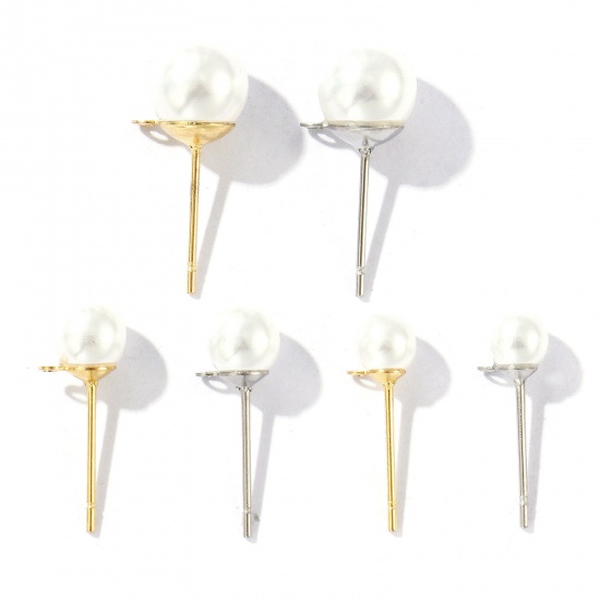 Picture of Eco-friendly 304 Stainless Steel Stylish Ear Post Stud Earring With Loop Connector Accessories Round Multicolor White Acrylic Imitation Pearl