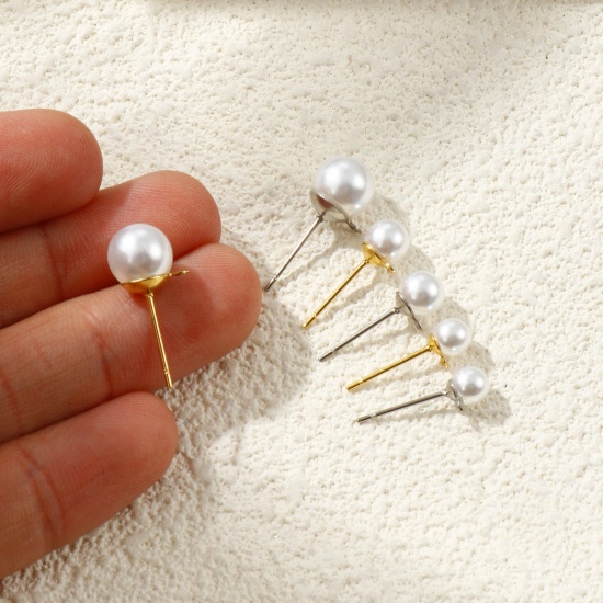 Picture of Eco-friendly 304 Stainless Steel Stylish Ear Post Stud Earring With Loop Connector Accessories Round Multicolor White Acrylic Imitation Pearl
