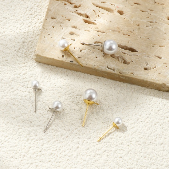 Picture of Eco-friendly 304 Stainless Steel Stylish Ear Post Stud Earring With Loop Connector Accessories Round Multicolor White Acrylic Imitation Pearl