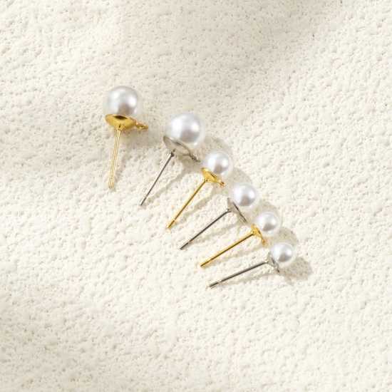 Picture of Eco-friendly 304 Stainless Steel Stylish Ear Post Stud Earring With Loop Connector Accessories Round Multicolor White Acrylic Imitation Pearl