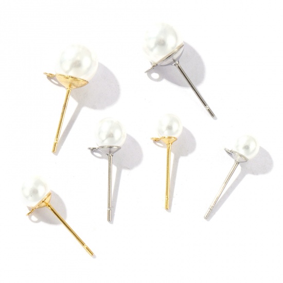 Picture of Eco-friendly 304 Stainless Steel Stylish Ear Post Stud Earring With Loop Connector Accessories Round Multicolor White Acrylic Imitation Pearl