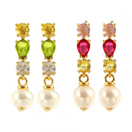 Image de Boucles d'Oreilles Puces En Gros Plaqué Or Véritable 18K en Laiton & Perle Naturelle, Baroque Élégant Goutte d'Eau à Strass Coloré aux Femmes Respectueux de la Nature Cadeau Fournitures de Bijoux 3.3cm x 0.9cm, Taille du Poteau/ Fil: 0.7mm(taille 21), 1 Paire