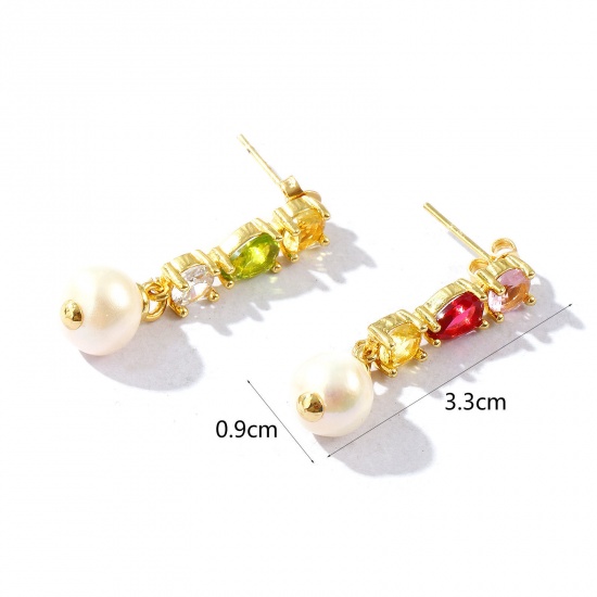 Picture of Wholesale Baroque Dainty Ear Post Stud Earrings, Drop Multicolor Rhinestone 18K Real Gold Plated Brass & Natural Pearl, Women's Eco-friendly Gift Jewelry Supply, 3.3cm x 0.9cm, Post/ Wire Size: 0.7mm(21 gauge)