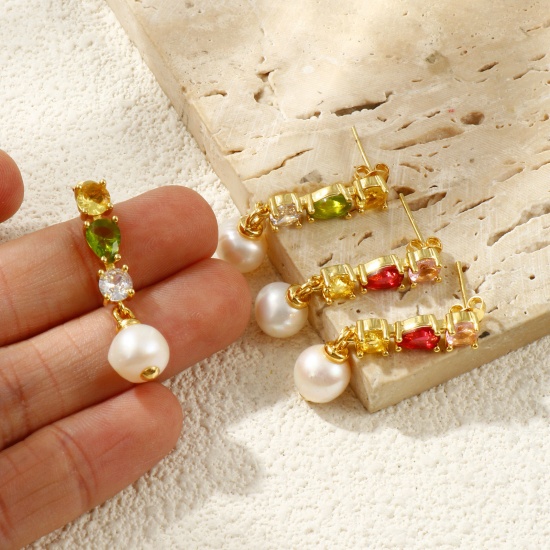 Picture of Wholesale Baroque Dainty Ear Post Stud Earrings, Drop Multicolor Rhinestone 18K Real Gold Plated Brass & Natural Pearl, Women's Eco-friendly Gift Jewelry Supply, 3.3cm x 0.9cm, Post/ Wire Size: 0.7mm(21 gauge)