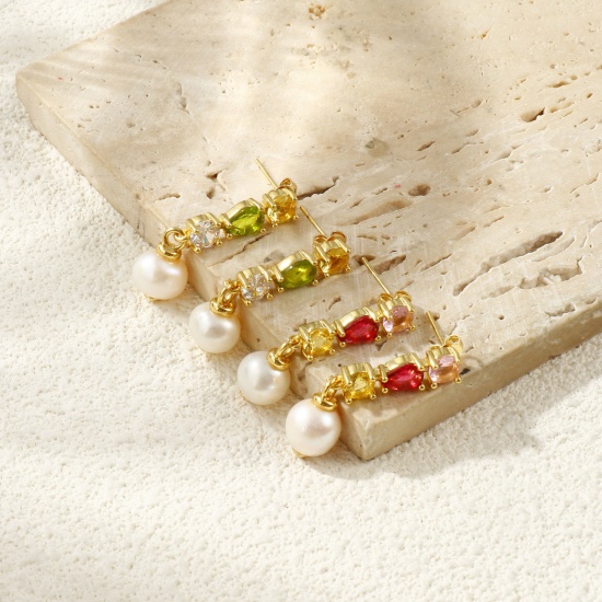 Picture of Wholesale Baroque Dainty Ear Post Stud Earrings, Drop Multicolor Rhinestone 18K Real Gold Plated Brass & Natural Pearl, Women's Eco-friendly Gift Jewelry Supply, 3.3cm x 0.9cm, Post/ Wire Size: 0.7mm(21 gauge)