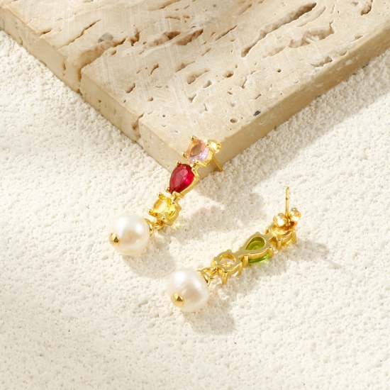 Picture of Wholesale Baroque Dainty Ear Post Stud Earrings, Drop Multicolor Rhinestone 18K Real Gold Plated Brass & Natural Pearl, Women's Eco-friendly Gift Jewelry Supply, 3.3cm x 0.9cm, Post/ Wire Size: 0.7mm(21 gauge)
