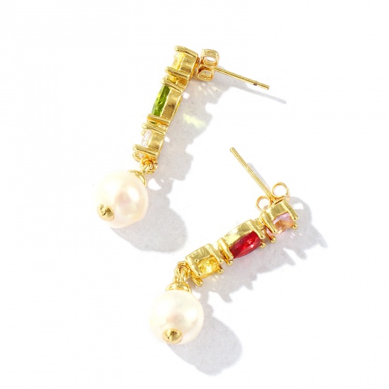 Picture of Wholesale Baroque Dainty Ear Post Stud Earrings, Drop Multicolor Rhinestone 18K Real Gold Plated Brass & Natural Pearl, Women's Eco-friendly Gift Jewelry Supply, 3.3cm x 0.9cm, Post/ Wire Size: 0.7mm(21 gauge)