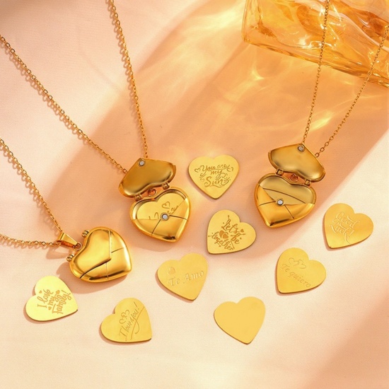 Imagen de Al Por Mayor Corazón Collar con Colgante, Chapado en Oro de 18K 304 Acero Inoxidable Mujeres Recubrimiento al Vacío PVD Ecológico día de San Valentín Elegante Regalo Joyería Para Minorista 1 Unidad