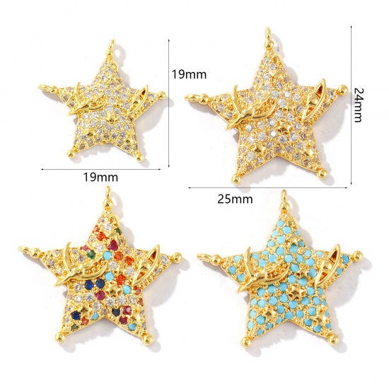 Imagen de 1 Unidad Latón (sin cadmio)+ Circón Artificial Galaxia Colgantes Chapado en Oro de 18K Estrellas de cinco puntos