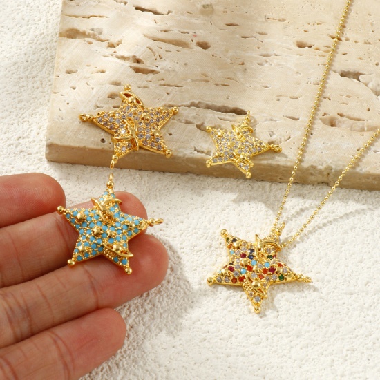 Imagen de 1 Unidad Latón (sin cadmio)+ Circón Artificial Galaxia Colgantes Chapado en Oro de 18K Estrellas de cinco puntos