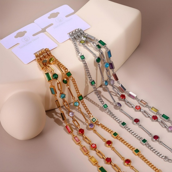 Picture of Wholesale Multicolour Cubic Zirconia 304 Stainless Steel Handmade Link Chain Station Bracelet, Multicolor Eco-friendly, Women's Stylish Dainty Gift Jewelry Supply